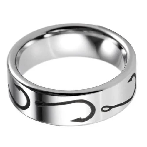 6MM 8MM Silver Tungsten Wedding Bands With Black Laser Etched Fisherman Fishing Hooks Pattern For Men Women