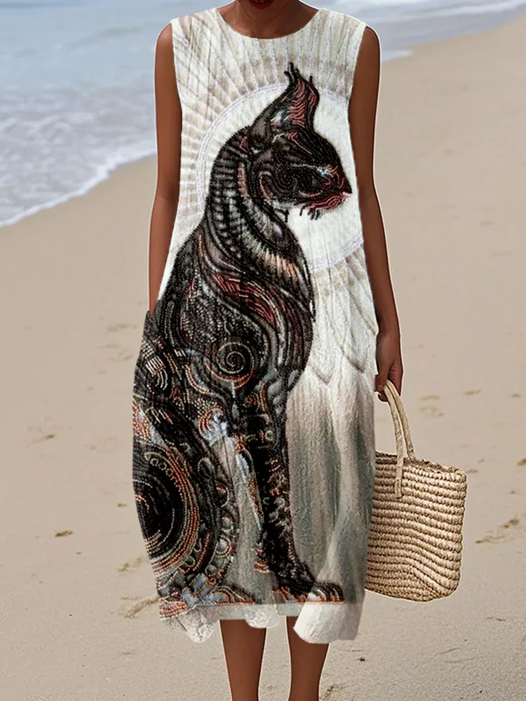 Egyptian Cat Goddess Bast Bead Embroidered Linen Midi Dress