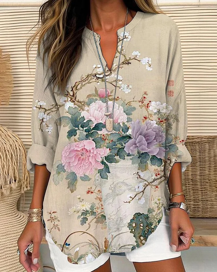 Peony Flower Art Print Long Sleeves Casual Blouse