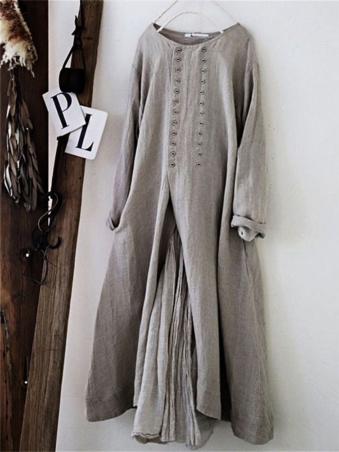 Women's solid color cotton and linen dress