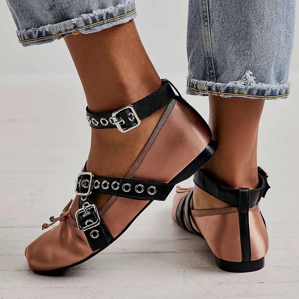 Pink Satin Square Toe Grommet Buckle Strap Ballet Flats with Bow