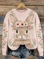 Lovely Bunny Pink Floral Cozy Knit Sweater