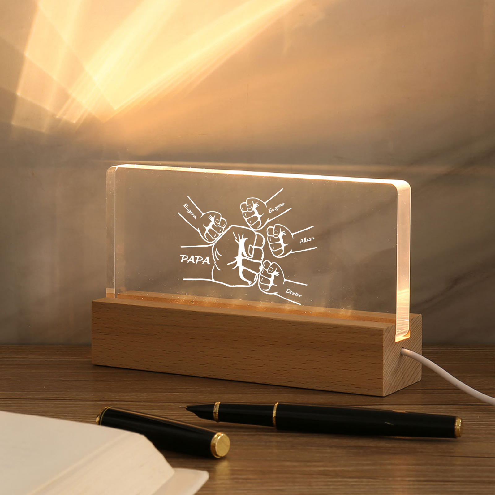 À mon Papa/Papi- Lampe de chevet LED Poings 5 Prénoms Personnalisés