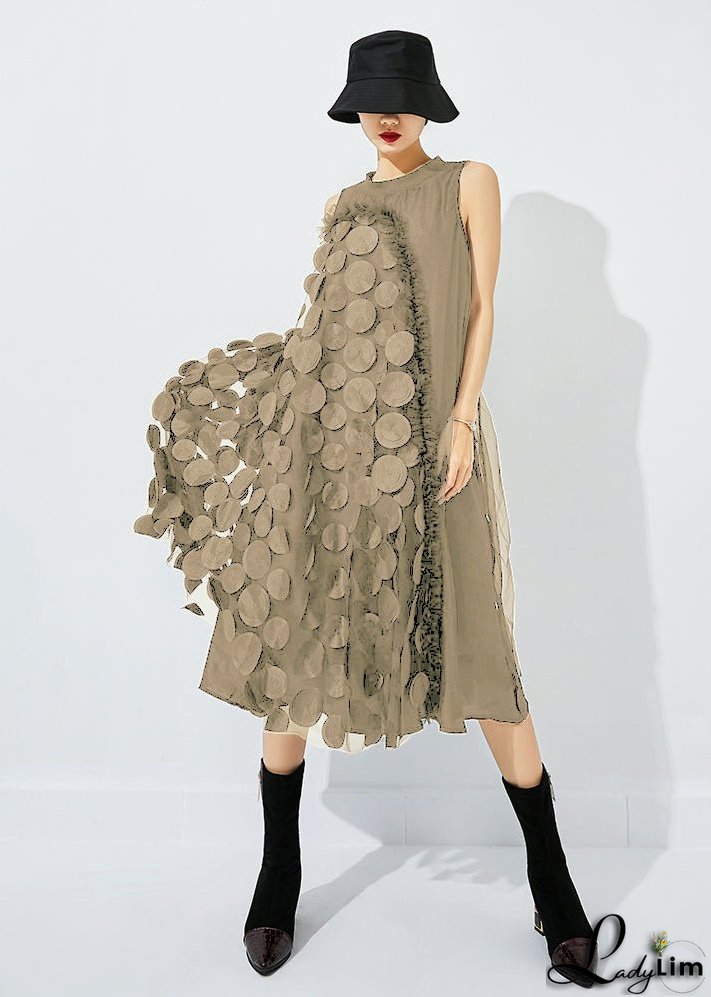 Bohemian Khaki Asymmetrical Patchwork Wrinkled Tulle Maxi Dress Sleeveless