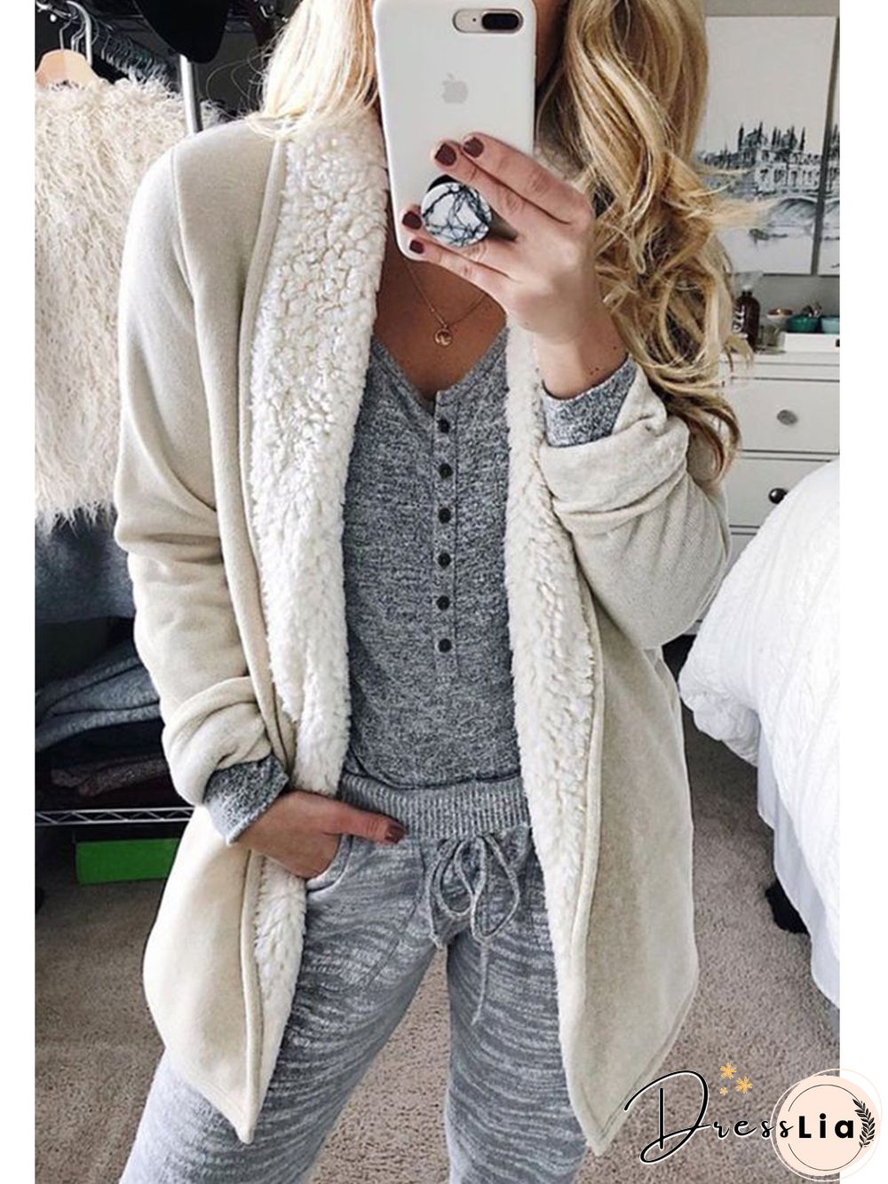 Women Casual Winter Solid Cotton-Blend Mid-weight Daily Casual Long sleeve Shawl Collar Jacket