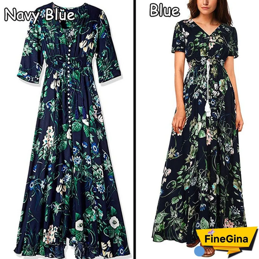 Womens Fashion Bohemian V Neck Print Big Swing Long Dress Plus Size