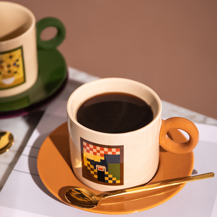 Pixel Painting Literary Morandi Coffee Mug - Retro & Creative Ceramic Cup And Saucer With Spoon Set - Appledas