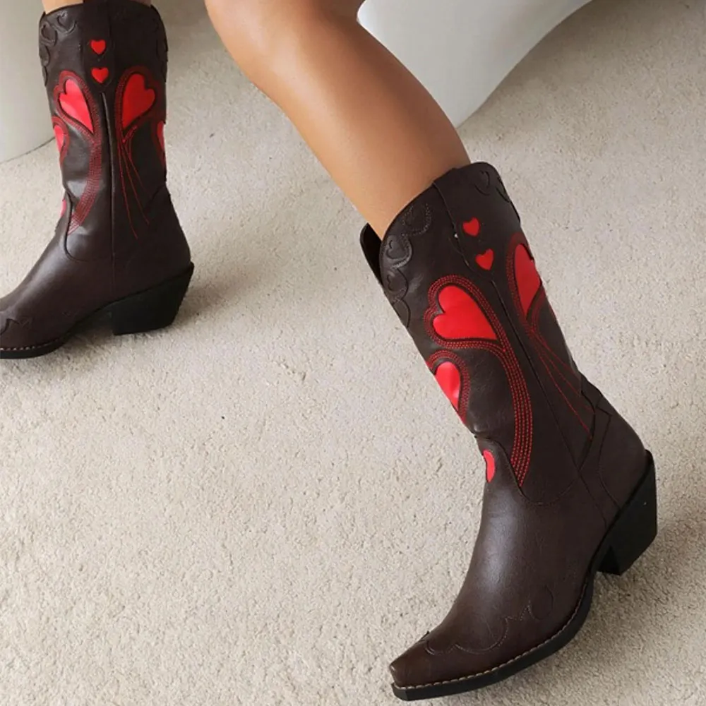 Chocolate Brown Heart Inlay Block Heel Mid Calf Western Boots