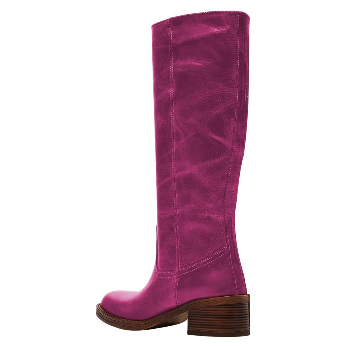 Purple Vegan Leather Square Toe Knee-High Boots with Block Heel