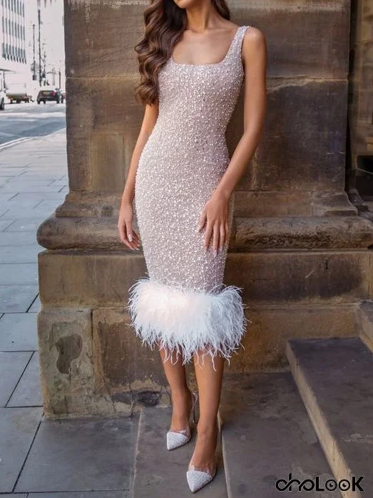 Square Neck Sequin Slim Fit Feather Swing Dress