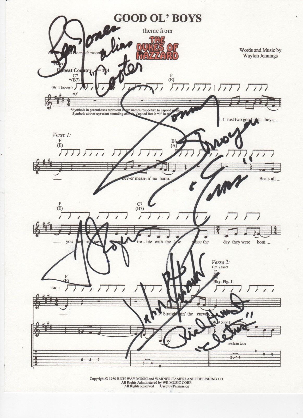 The Dukes of Hazzard SIGNED Good Ol' Boys theme sheet music COA Cletus Cooter +3