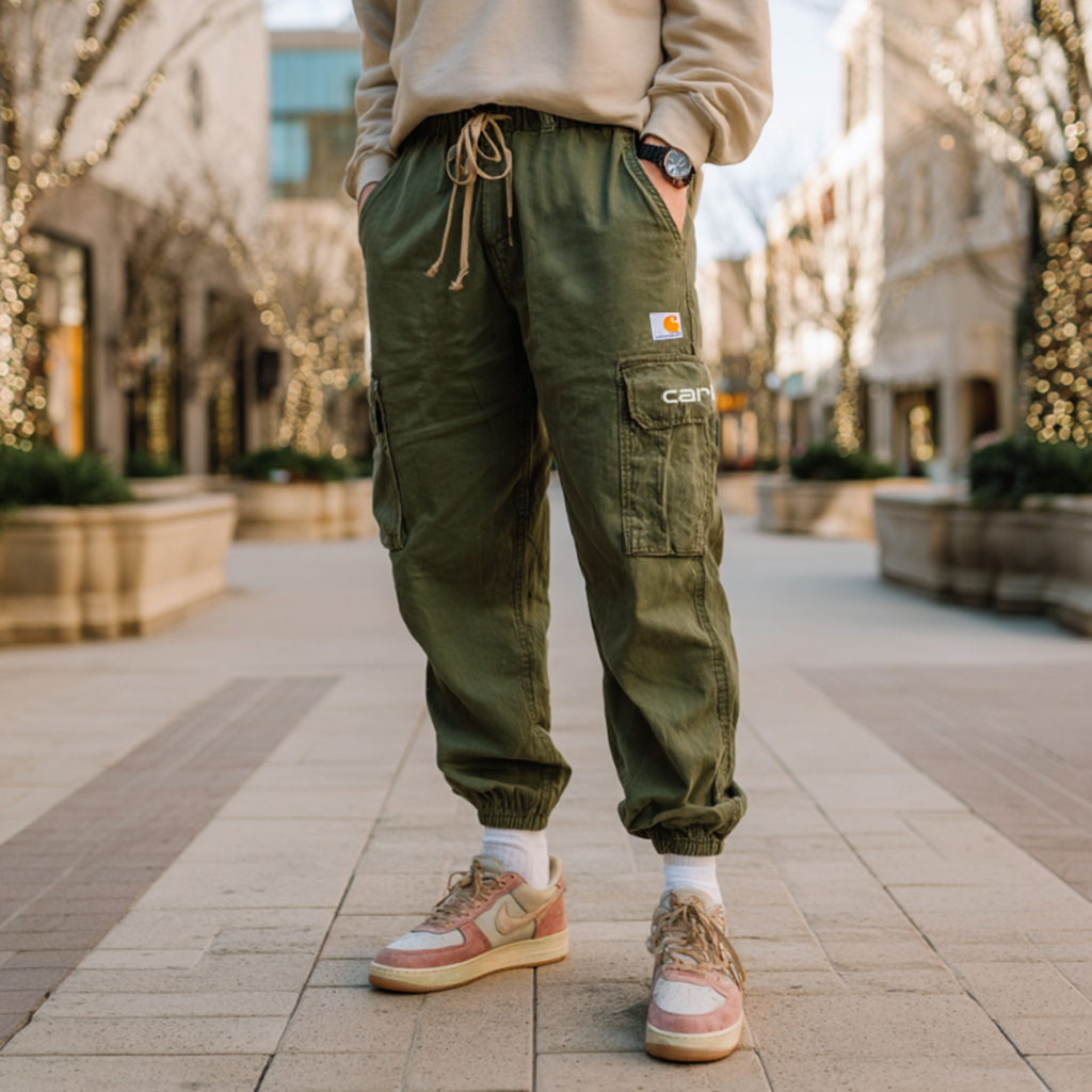 Green Cargo Pants with Drawstring Waist 