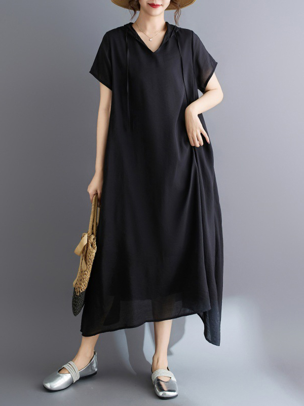 Hooded Drawstring V Neck Short Sleeve Solid Color Irregular Hem Midi Dress