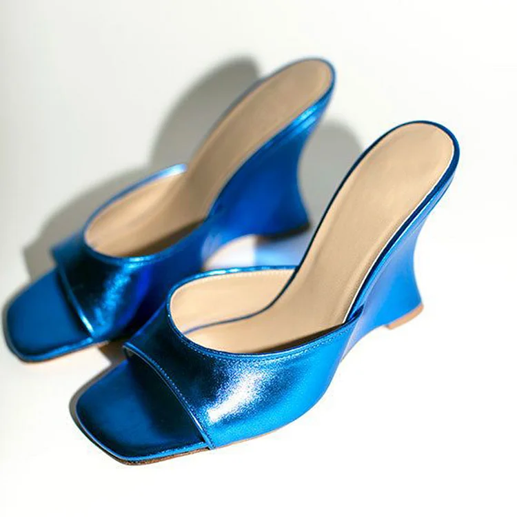 Metallic Blue Square Toe Wedge Sandals Women's Classic Mule Heels |FSJ Shoes