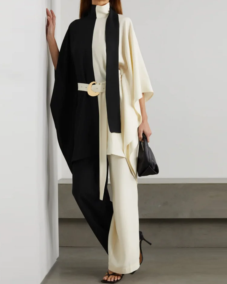 Suit Satin Silk Contrast Color Irregular Top + Pants Set