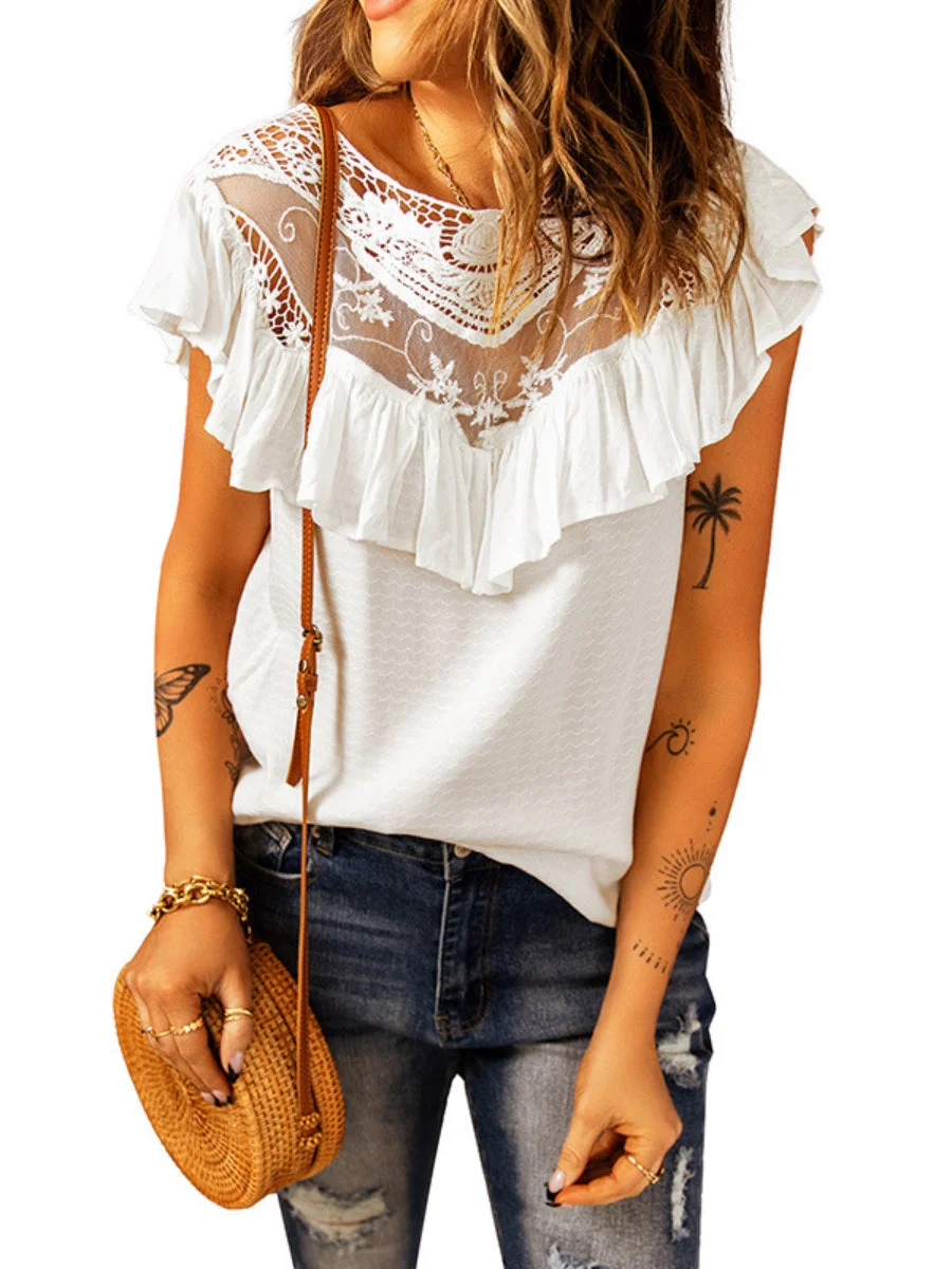 Women's Lace Top With Ruffles Patchwork Round Neck Shirt