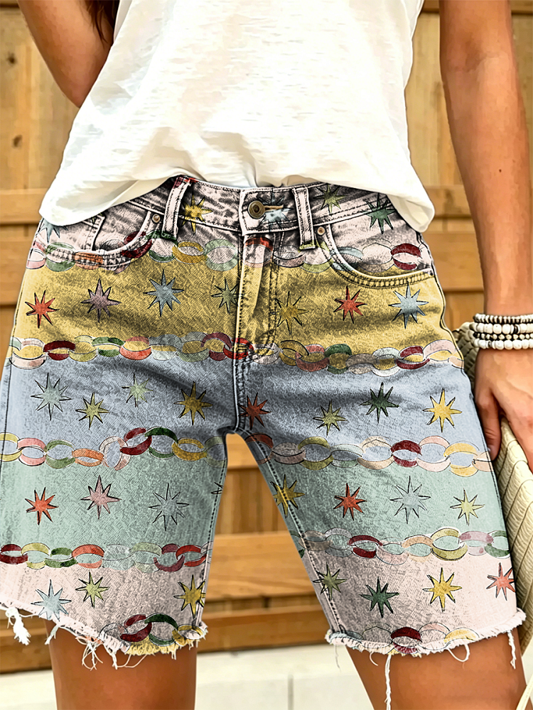 Women's Retro Ethnic Art Print Casual Washed Cotton Denim Shorts