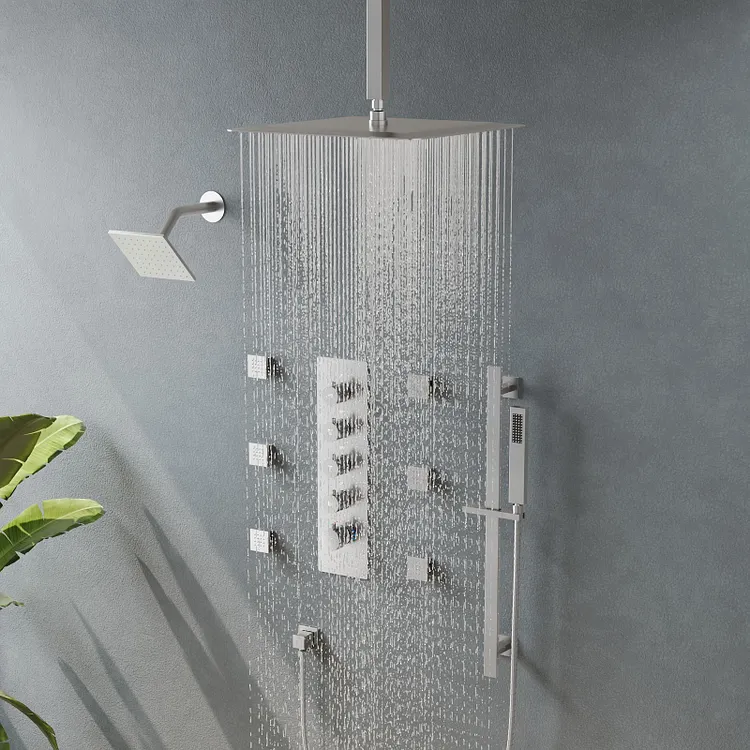 Thermostatic Rainfall Bathroom Shower System in Brushed Nickel SFS