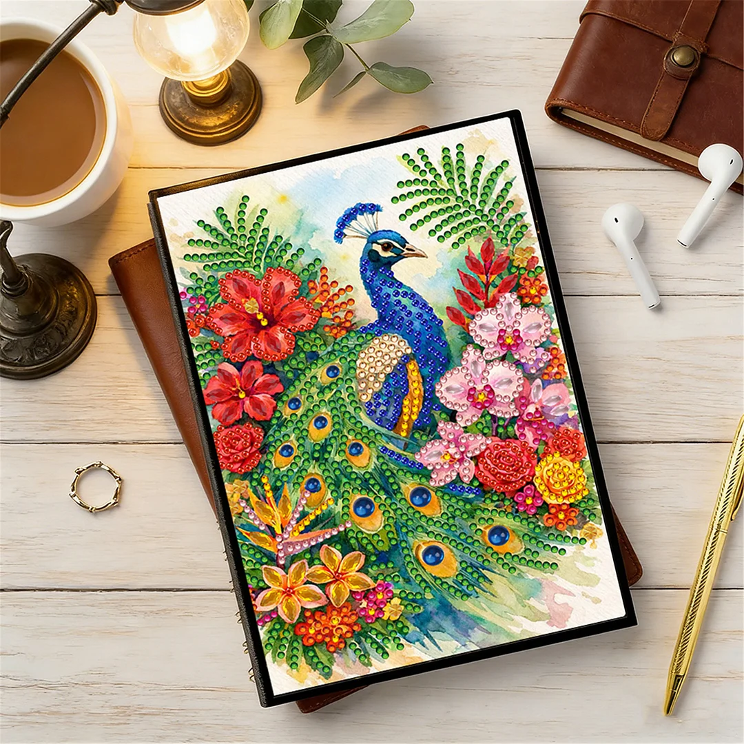 DIY Flower Diamond Painting Journals Notebooks 50 Pages A5 No Lines Special Shaped Diamond Art Kits for Beginners Craft Lovers and Artists (Peacock and Flowers)