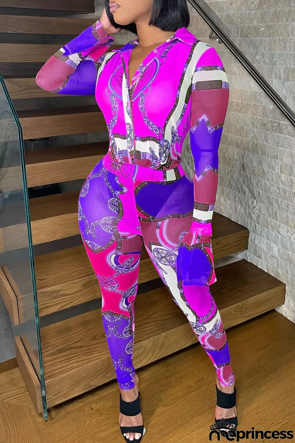 Purple Sexy Print Split Joint Buckle Turndown Collar Regular Jumpsuits