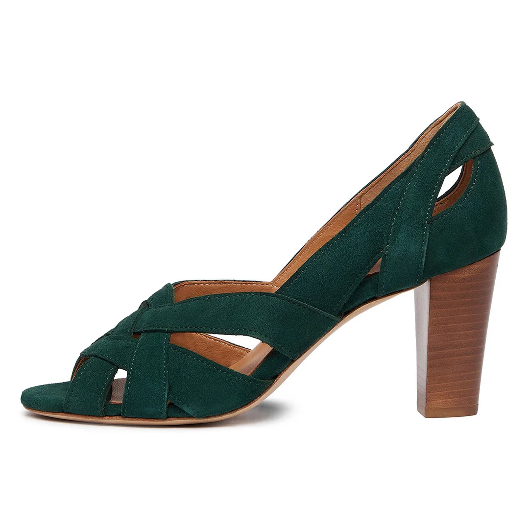 Dark Green Faux Suede woven Inlay Open Toe Block Heel Elegant Pumps