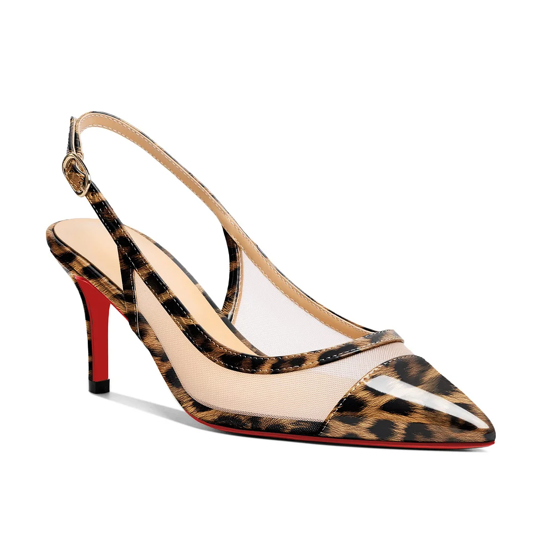 65mm Women's Pointed Toe Kitten Heel Ankle Buckle Pumps Mesh Red Bottom Patent Shoes-MERUMOTE