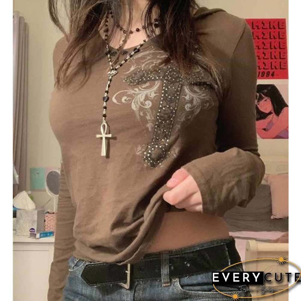Fairy Grunge Hoodie Brown Graphic Cross Print Long Sleeve Hooded Tops Y2k Aesthetic Women Sweatshirt Streetwear