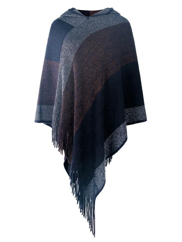 Women's Knit Shawl Fringed Hem Striped Stitching Sweater Top