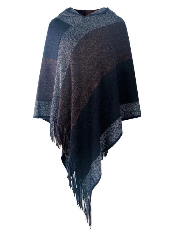 Women's Knit Shawl Fringed Hem Striped Stitching Sweater Top