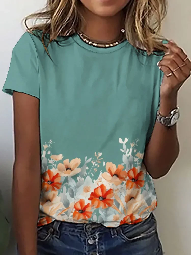 Printed Short Sleeve Casual T-shirt for  Women and Men Unisex Pattern Green, Red, Floral