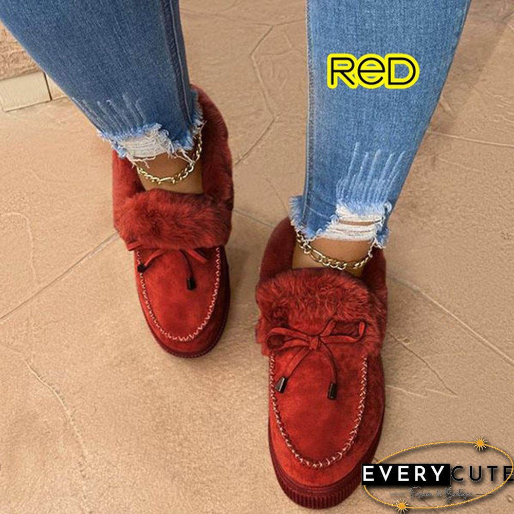 Fashion Womens Bowknot Suede Faux Fur Moccasin Shoes Casual Warm Comfortable Lightweight
