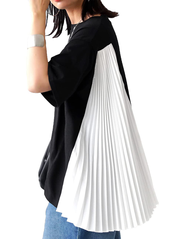 Loose Pleated Asymmetrical Round Neck Short Sleeve Blouses