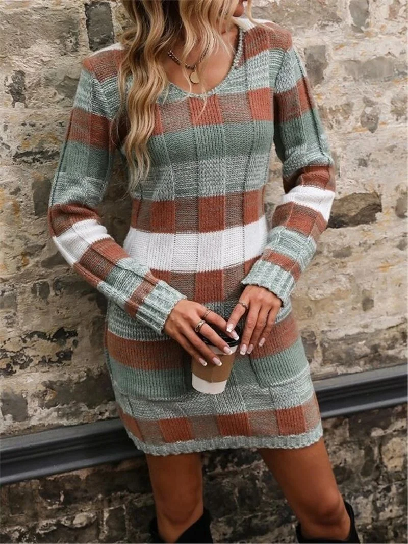 Athvotar Athvotar And Winter New V-Neck Color Double Pocket Knitted Sweater Dress