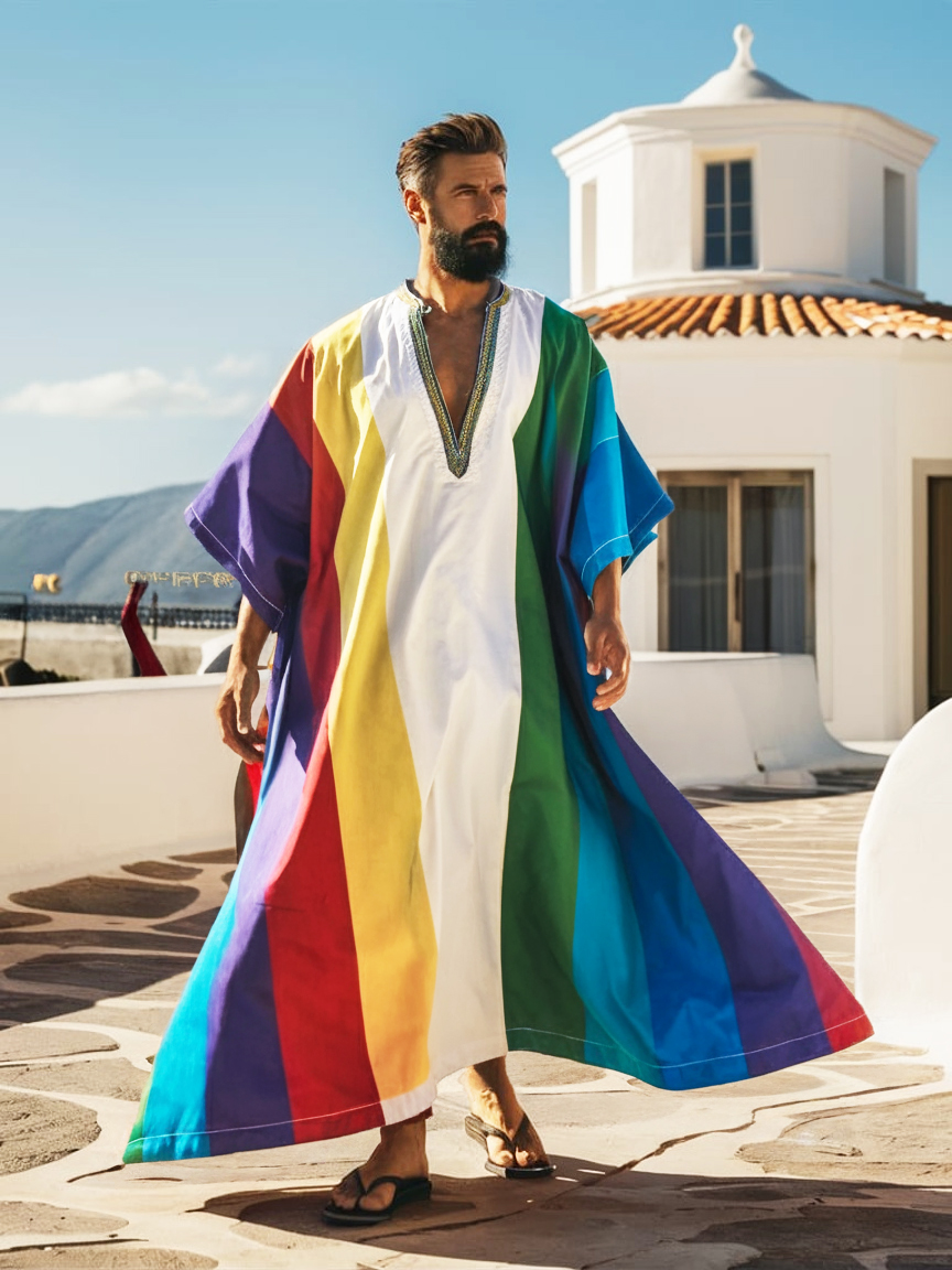Rainbow V-neck Men Kaftan Long Caftan