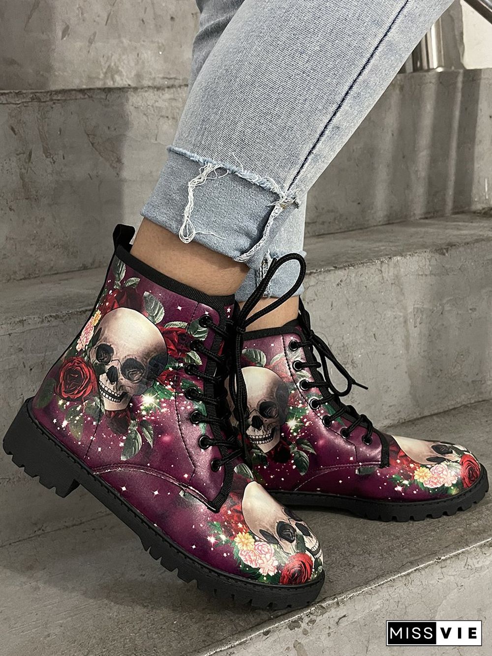 Floral Street All Season Printing Party Low Heel Lace-Up Non-Slip Classic Boots Boots for Women