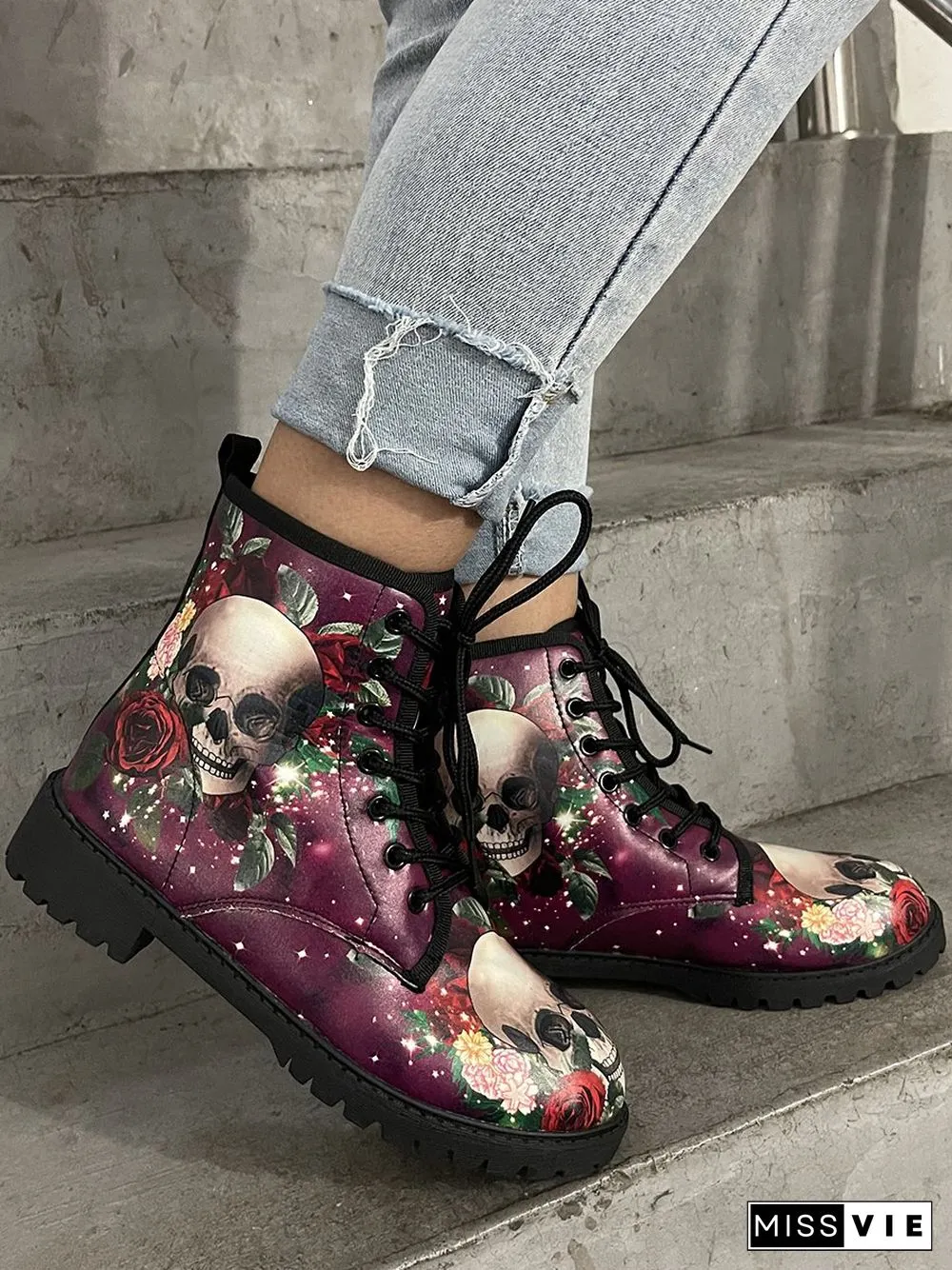 Floral Street All Season Printing Party Low Heel Lace-Up Non-Slip Classic Boots Boots for Women