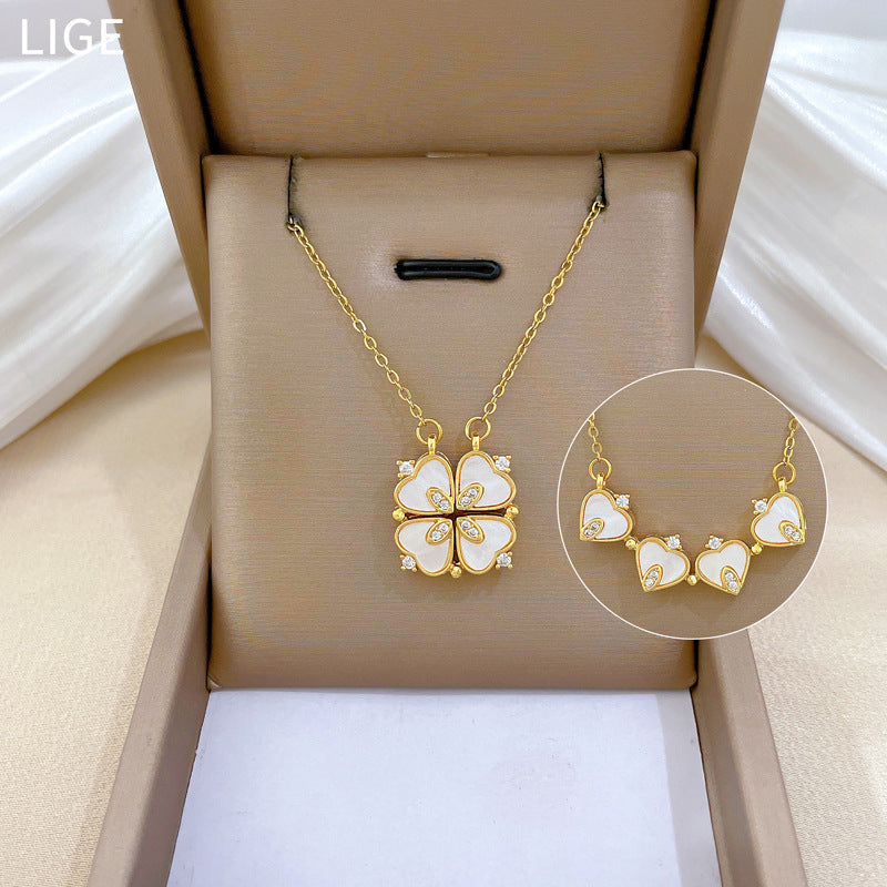 Women'S Necklace Two-Piece Heart-To-Heart Opening And Closing Four-Leaf Flower Full Diamond All-Match Clavicle Chain Titanium Steel