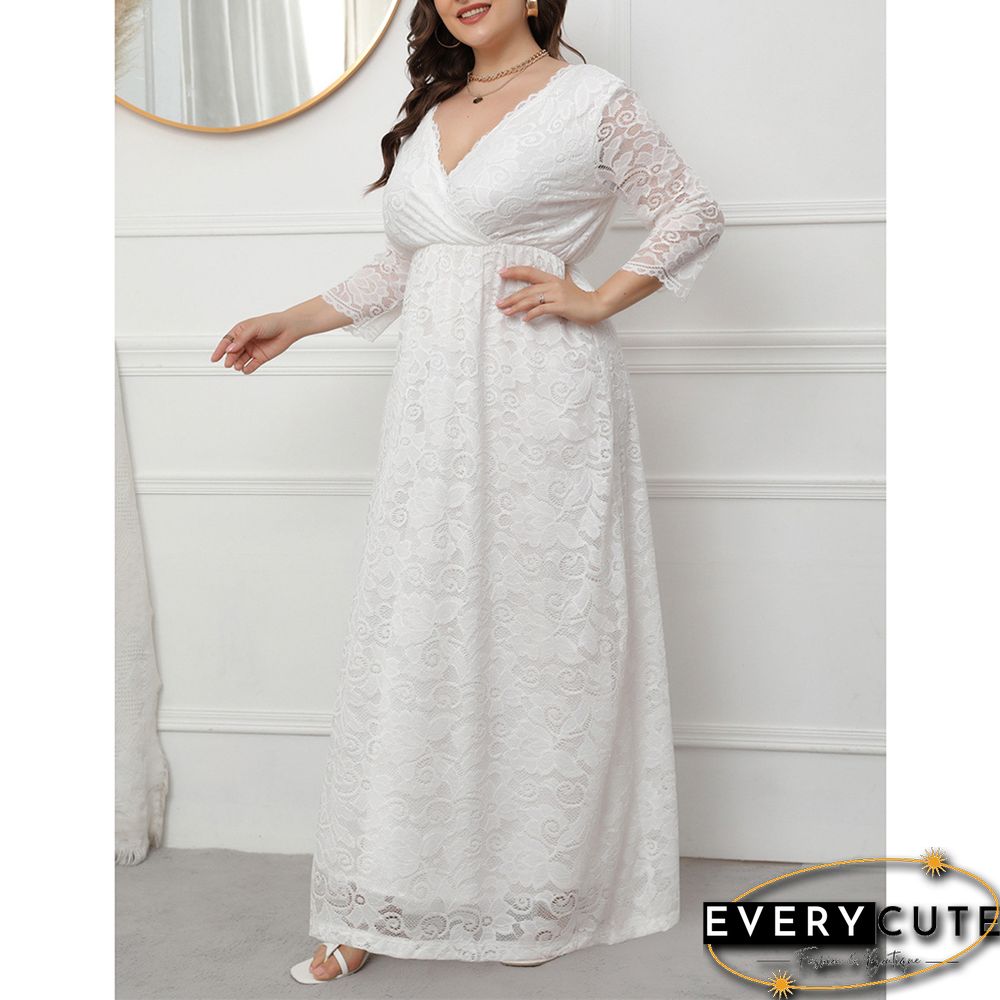 White V Neck Lace Plus Size Evening Dress