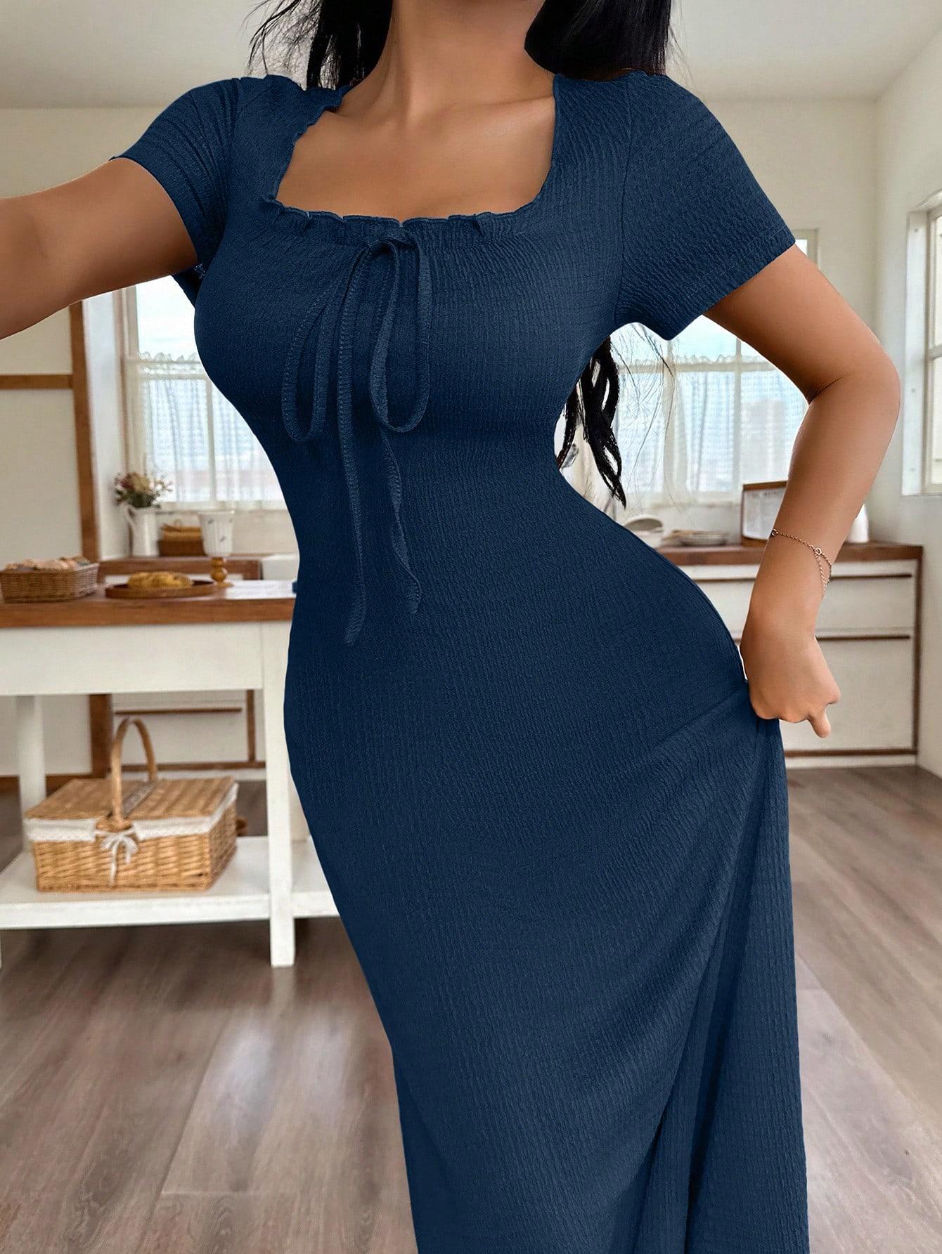 Women's Casual Solid Color Jacquard Gathered Ruffle Trim Square Neck Maxi Loungewear Dress Brown Dress Lounge Dress Summer Dress Tie Front Dress Midi Dress