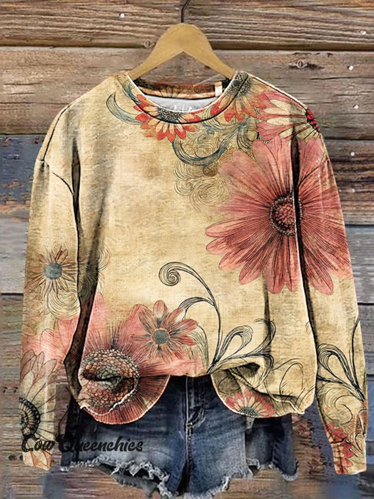 Vintage Bohemian Floral Art Print Casual Sweatshirt Multicolor / S