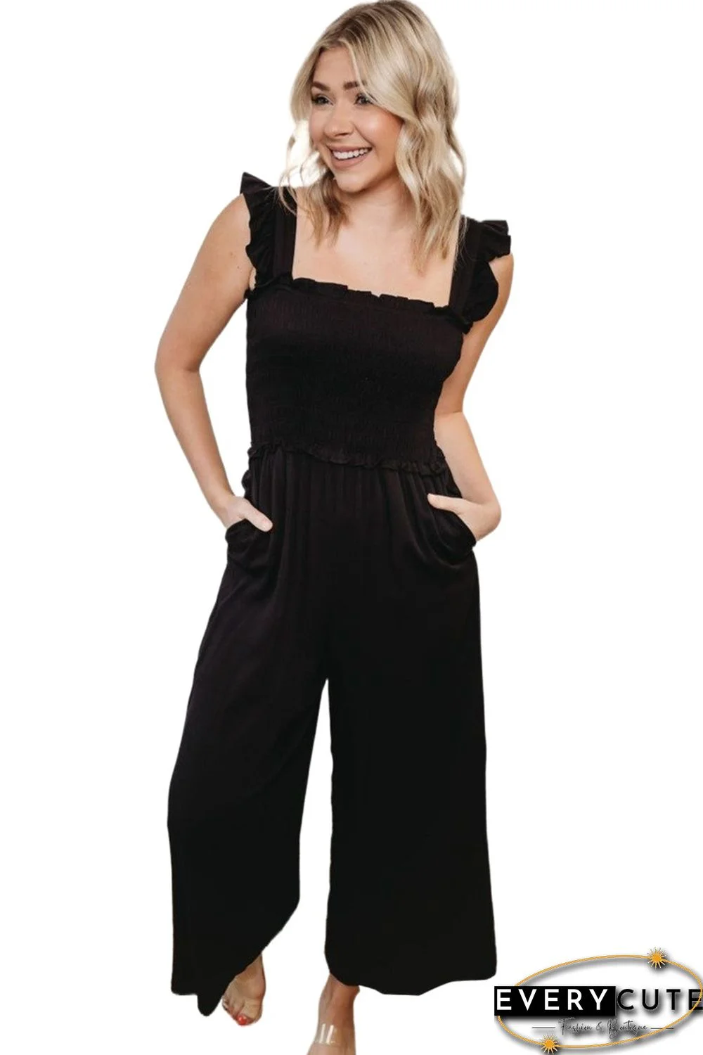 Smocked Pocketed Ruffled Sleeveless Wide Leg Jumpsuit