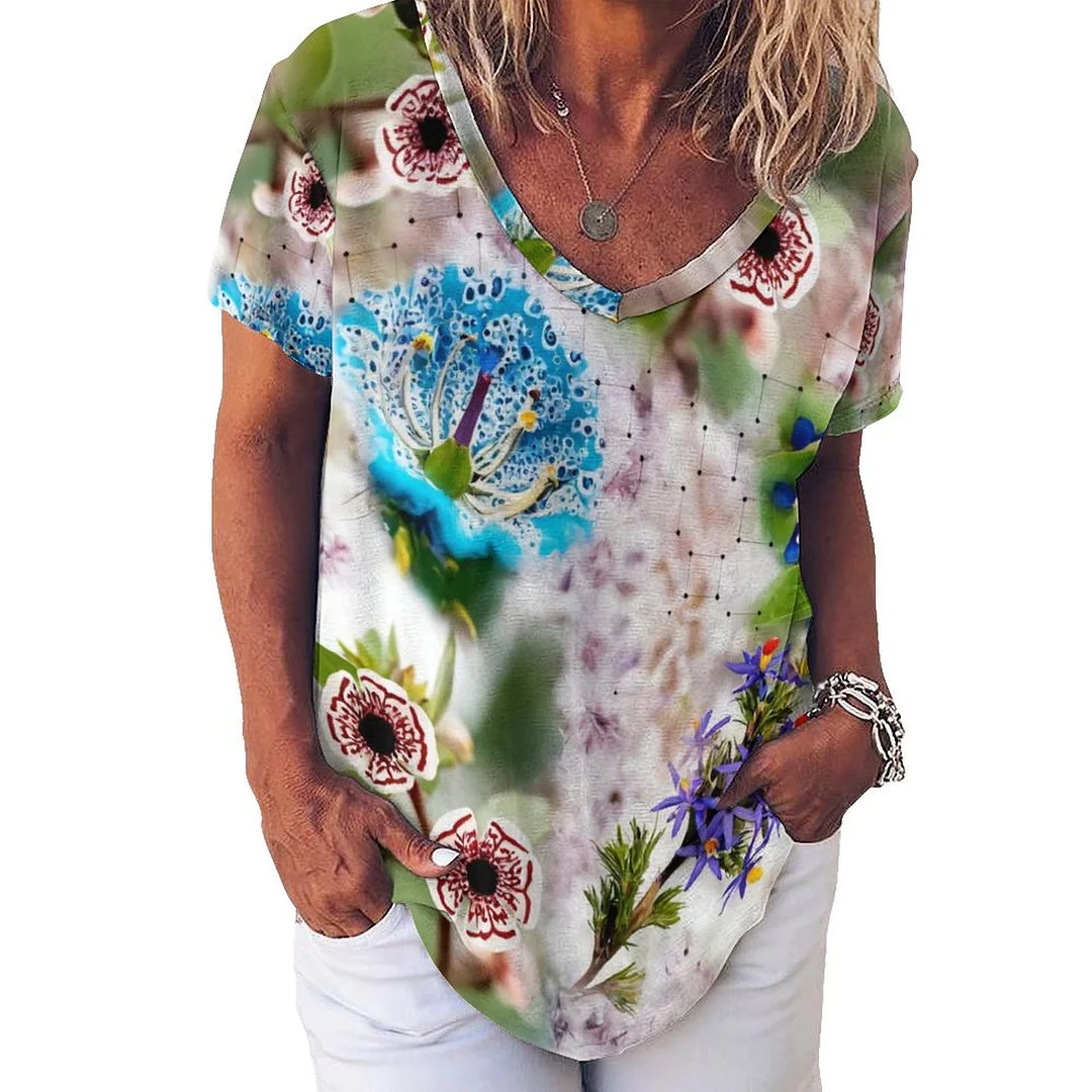 V-neck Short Sleeve Casual T-shirt for  Women Printed with Pattern Floral, Blue, Pink