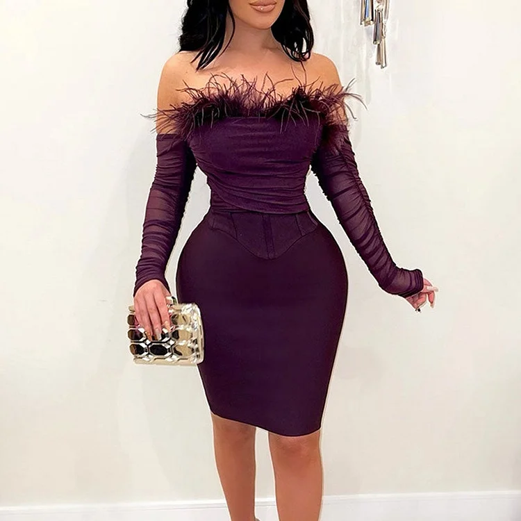 Solid Off Shoulder Feather Design Bodycon Dress - IRBOOM Fashion Clothing