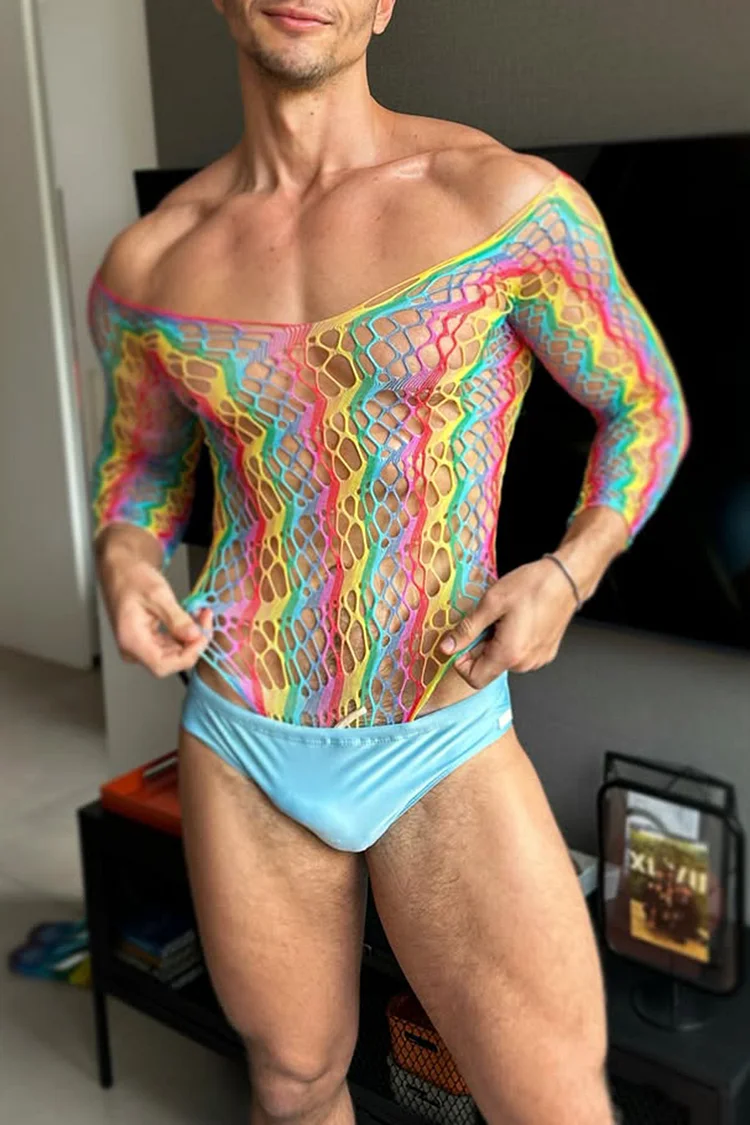 Unisex Rainbow Hollow Out Fishnet Pride Stretchy Bodysuit