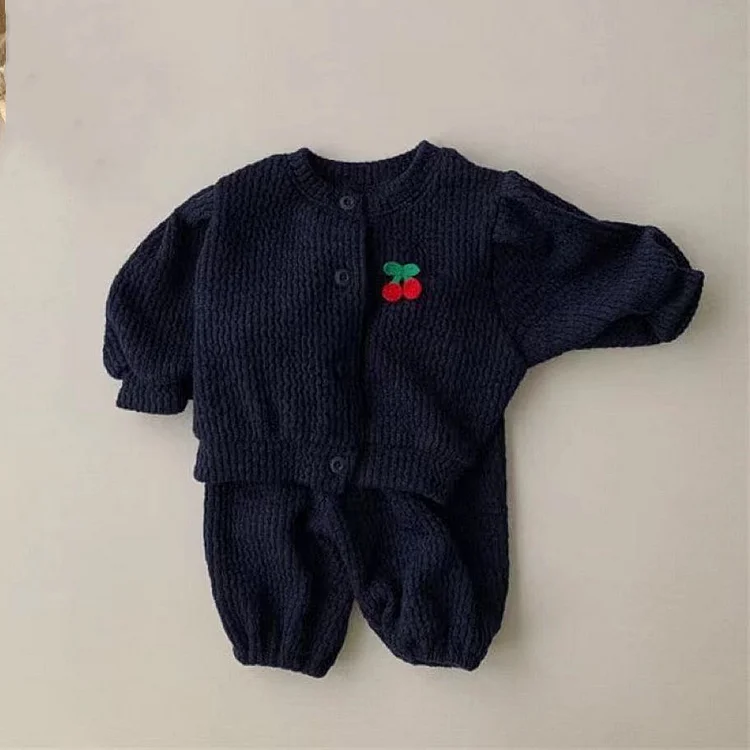 Toddler Boy/Girl Solid Color Embroidered Cherry Waffle Cardigan Sweatshirt and Casual Pants Set