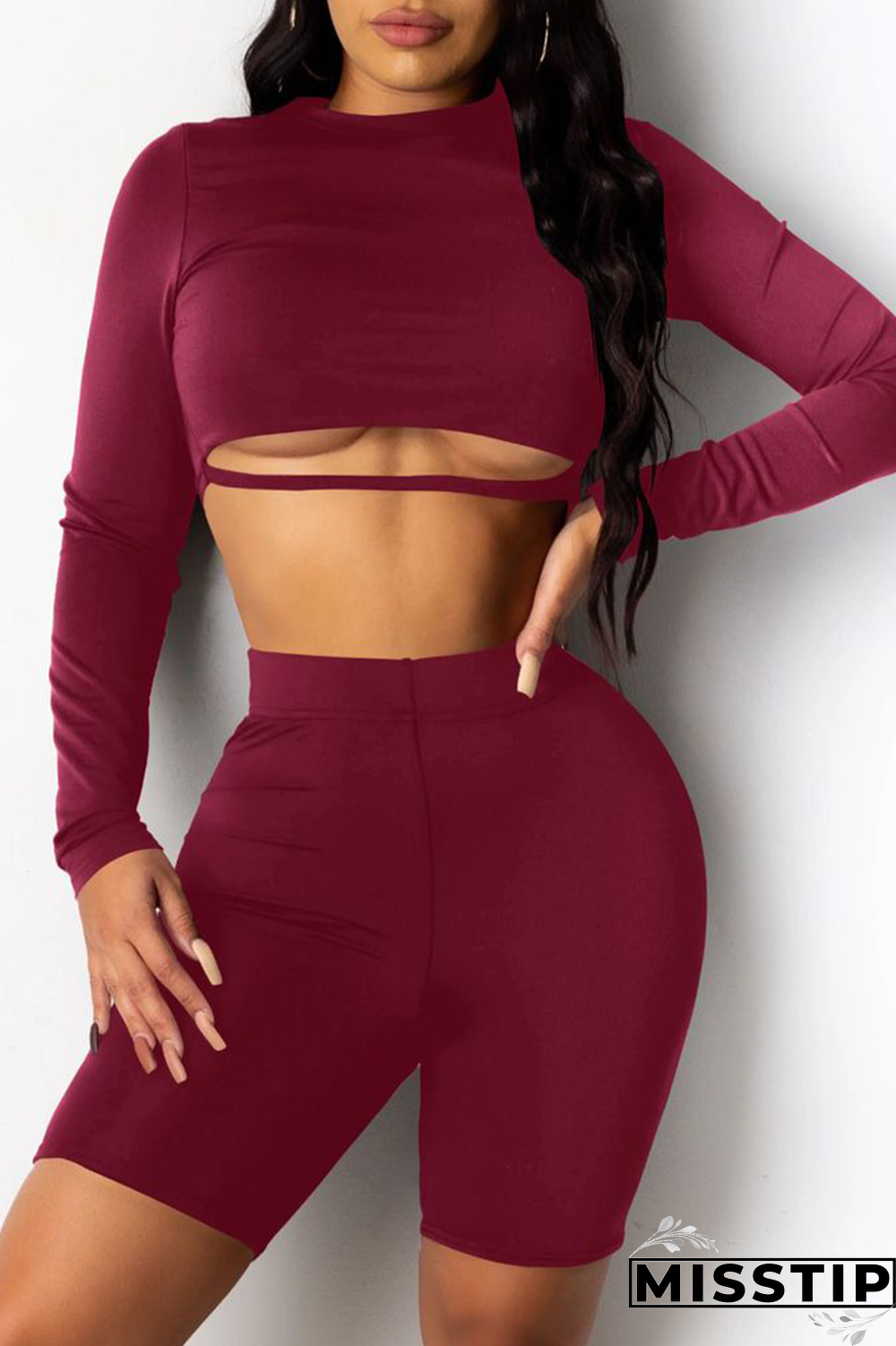 Burgundy Sexy Patchwork O Neck Long Sleeve Two Pieces