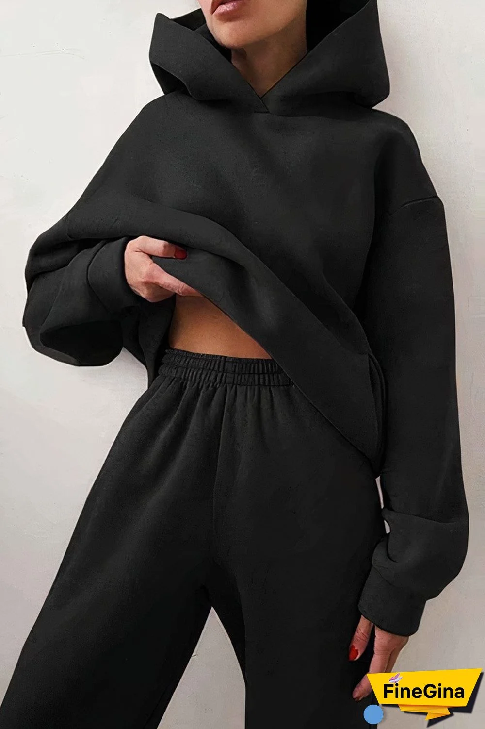 Solid Pocket Detail Hoodie & Pants Set