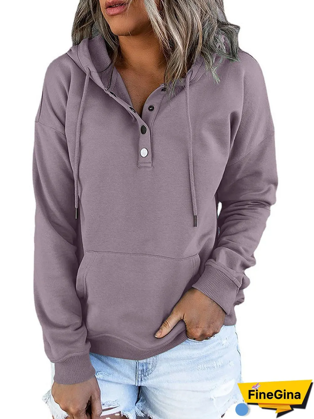 Women's Button Solid Color V-neck Long Sleeve Top