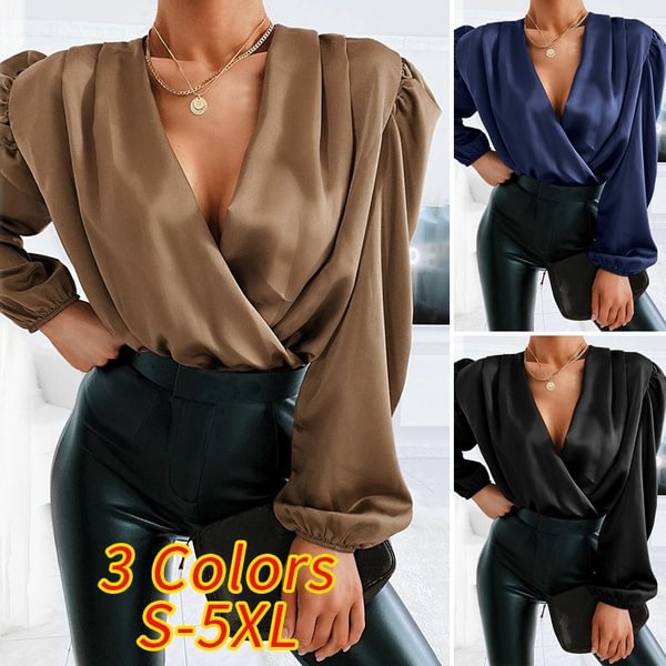 Women Puff Long Sleeved Blouse Satin Silk Cross V Neck Elegant Casual Loose Shirt Plus Size Tops - BlackFridayBuys