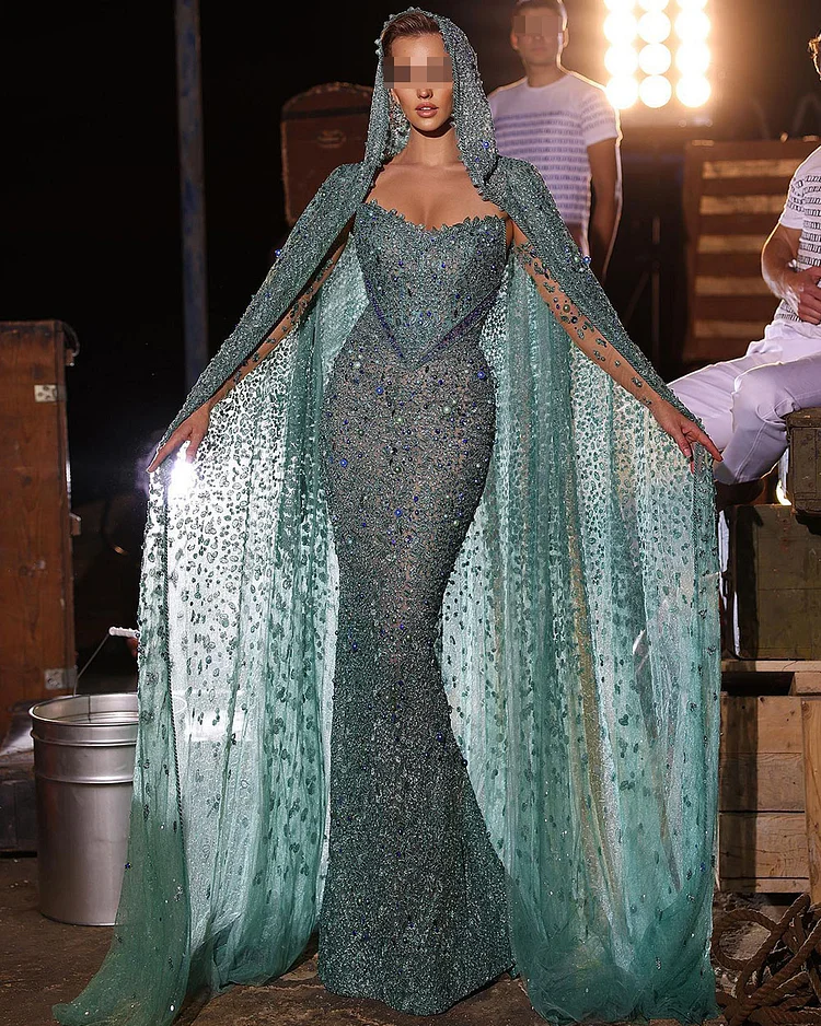 Crystal Beaded Sequin Hooded Gown
